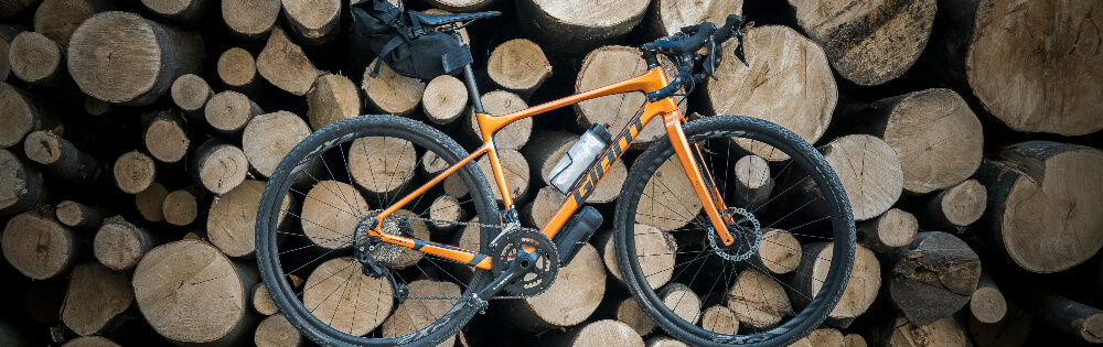 Ein orangefarbenes Fahrrad lehnt an einem Stapel Holzstämme.
